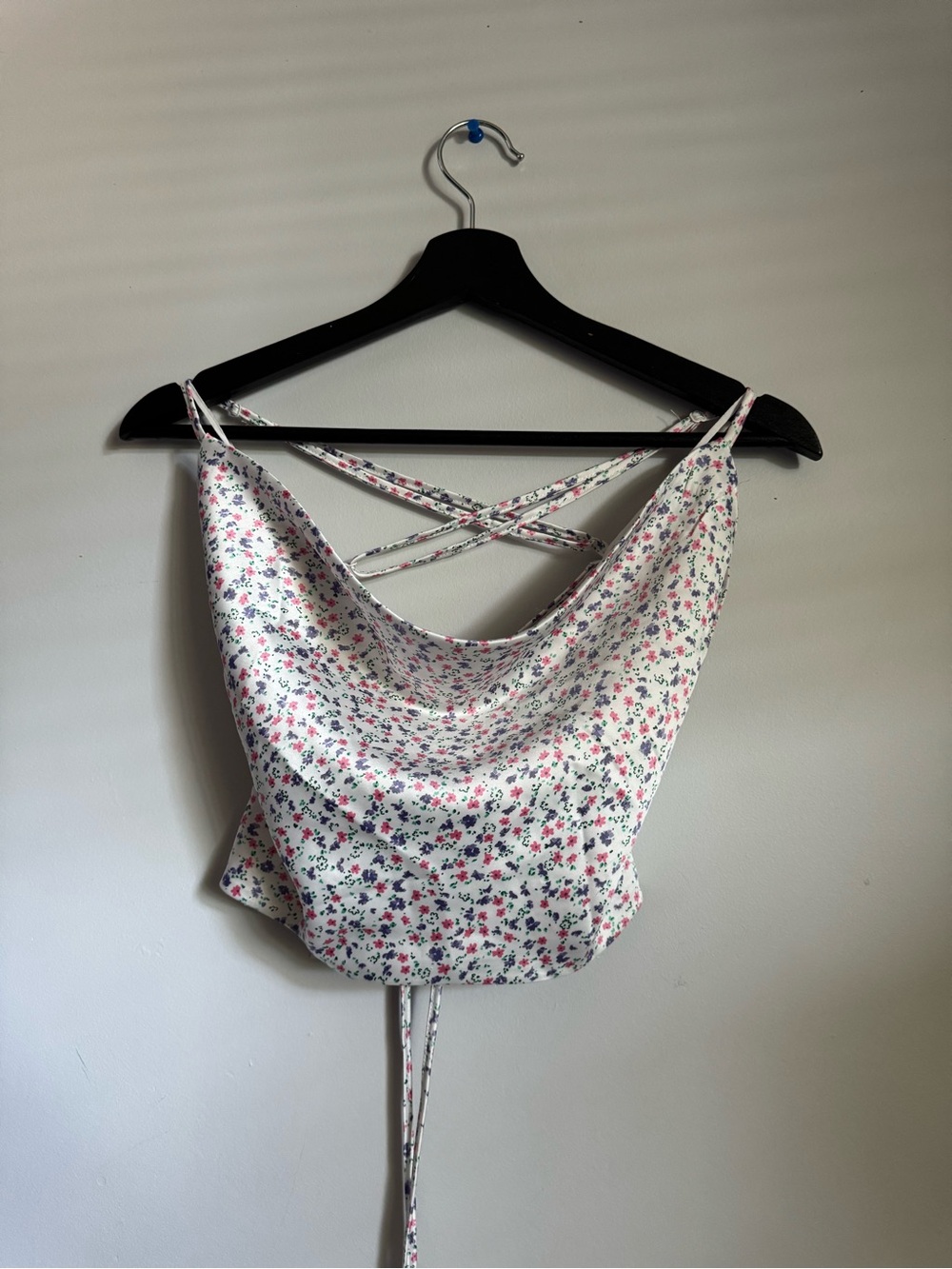 Garage White Floral Satin Cowl Crop Top with Pink & Blue Accents
